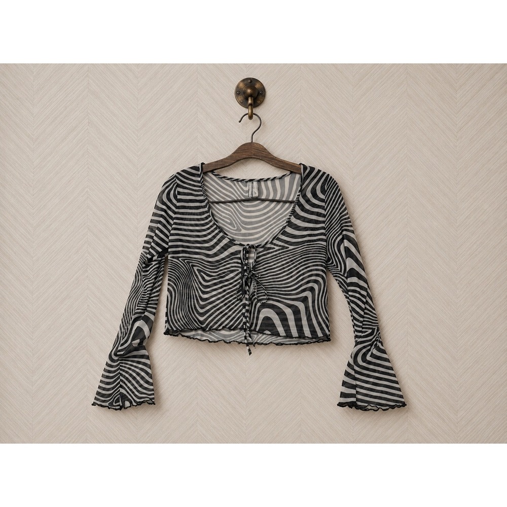 H&M Divided Mesh Tie Front Bell Sleeve Zebra Print Crop Top Size M NWOT